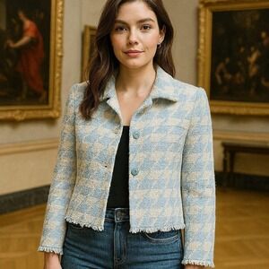 Rare Cara Lotti Blue & Cream Houndstooth Cropped Formal‎ Jacket Woman Size 4US 4